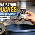 Main démontant un siphon sous un évier avec une canalisation bouchée au-dessus d'une bassine pour déboucher une évacuation.