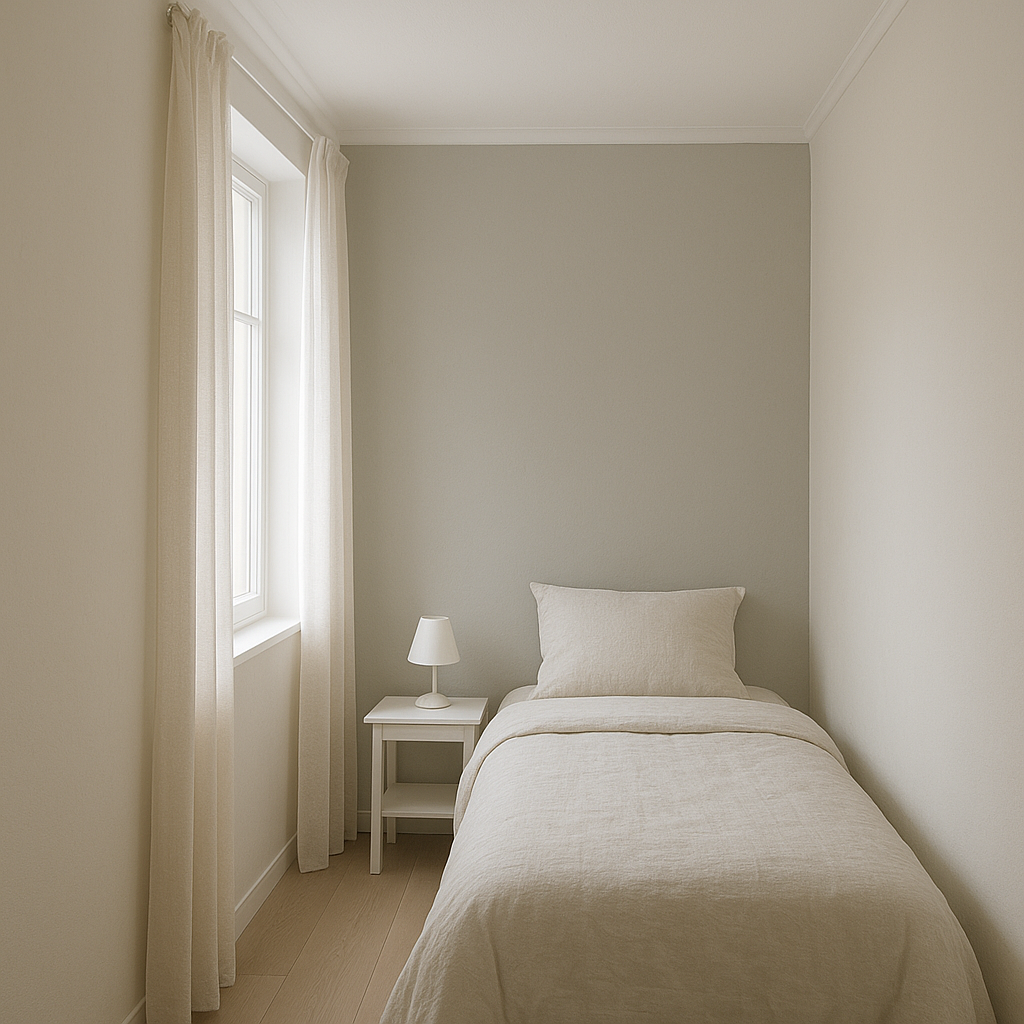 Les meilleures couleurs pour agrandir une petite pièce 33 Chambre étroite avec teintes claires et mur d’accent pour donner une impression d’espace