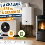 Pompe à chaleur, chaudière murale et poêle à granulés installés dans une maison pour comparer les différentes solutions de chauffage selon le logement.