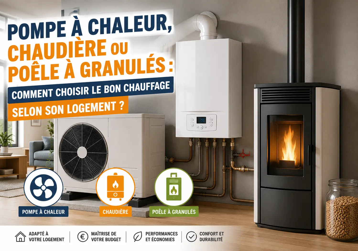 Pompe à chaleur, chaudière murale et poêle à granulés installés dans une maison pour comparer les différentes solutions de chauffage selon le logement.