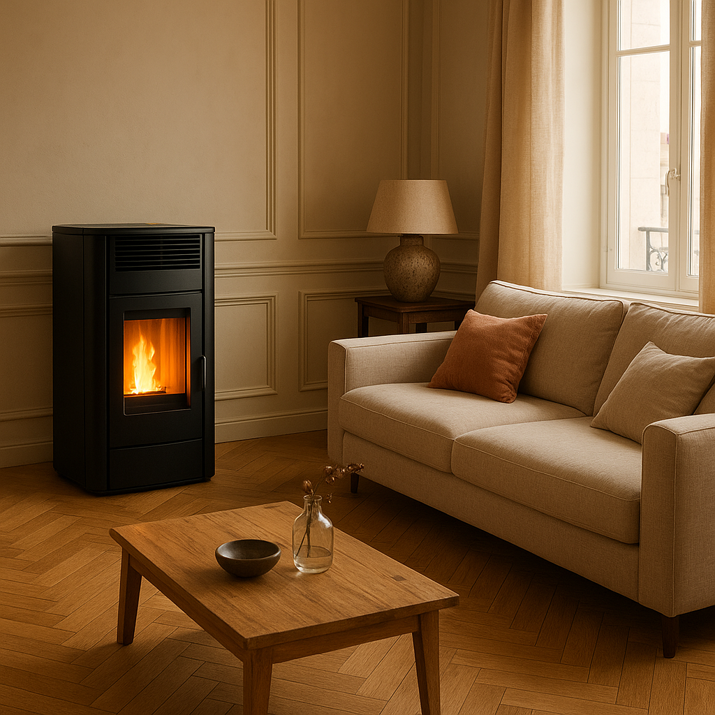 Poêle à granulés dans un salon de maison rénovée