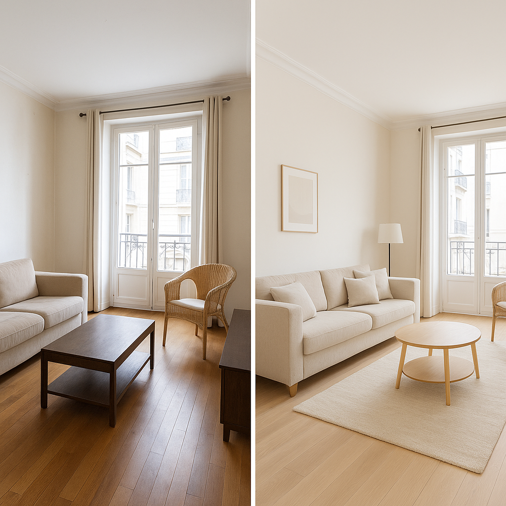 Les travaux qui rapportent le plus lors d’une vente immobilière 14 Salon rénové avec peinture neutre et sol remis en valeur avant une vente