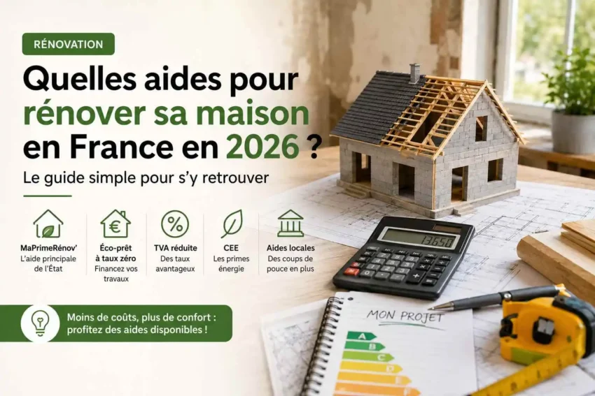 Quelles aides pour rénover sa maison en France en 2026 ? Le guide simple pour s’y retrouver, MaPrimRévov... 1 Maison en rénovation avec plans, calculatrice et outils illustrant les aides financières disponibles en France pour rénover un logement en 2026