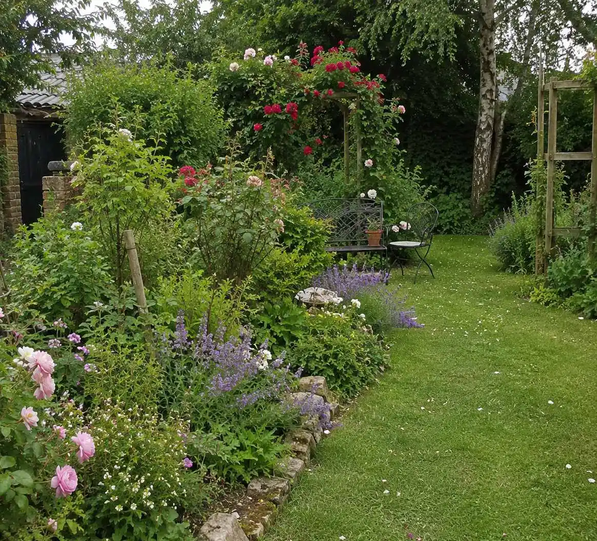 Jardin anglais naturel avec massifs fleuris, feuillages variés et cheminement autour de la maison