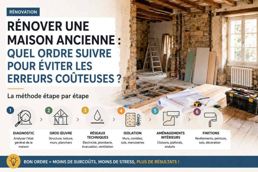 Rénover une maison ancienne : quel ordre suivre pour éviter les erreurs coûteuses ? 2 Maison ancienne en cours de rénovation avec plans, outils et chantier illustrant les différentes étapes des travaux pour éviter les erreurs coûteuses