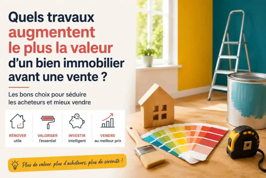 Quels travaux augmentent le plus la valeur d’un bien immobilier avant une vente ? 3 Maison en bois, pinceau, nuancier de couleurs et pot de peinture représentant les travaux qui valorisent un bien immobilier avant sa mise en vente