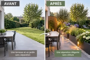 Vue comparative: gauche terrasse en dallage gris avec table et gazon; droite séparation en lames de bois et jardinières éclairées.