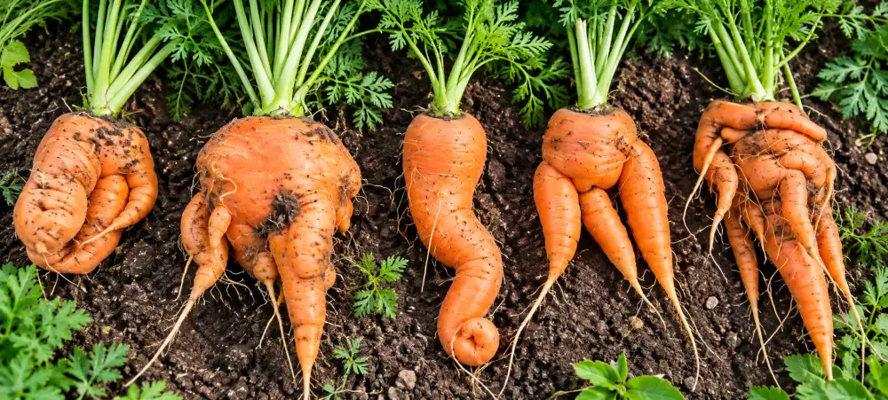 Pourquoi vos carottes sont fourchues, fendues ou minuscules ? Les vraies causes 2 Plusieurs carottes orange sortant de la terre sombre, avec leurs tiges vertes et leurs feuilles feuillues visibles.