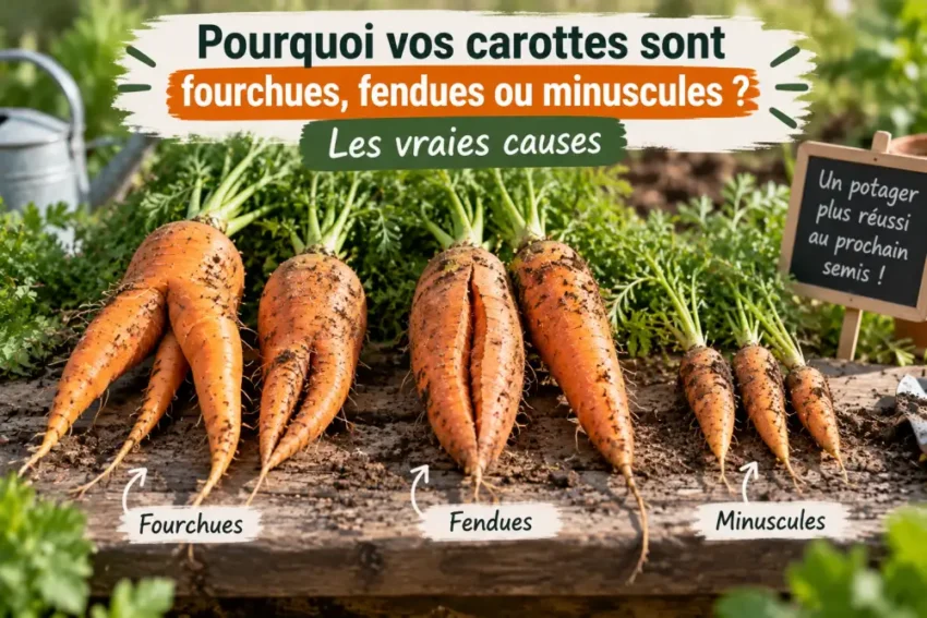 Pourquoi vos carottes sont fourchues, fendues ou minuscules ? Les vraies causes 1 carottes oranges alignées sur une planche en bois, terre autour, feuilles vertes, et bandeau de texte en haut