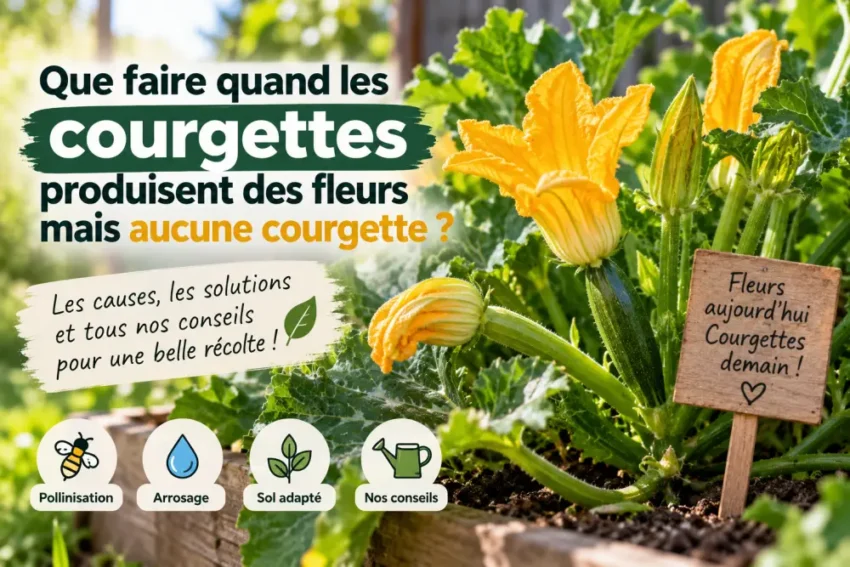 Que faire quand les courgettes produisent des fleurs mais aucune courgette ? 1 courgettes fleurs jaunes et feuilles vertes denses, texte imposant à gauche et petit panneau en bois à droite, icônes en bas
