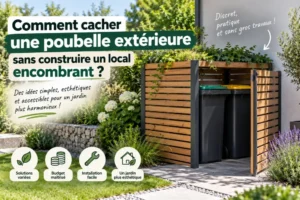 enclos en lames de bois entoure trois poubelles grises sur roues, au milieu d'un jardin fleuri avec allée pavée et mur gris