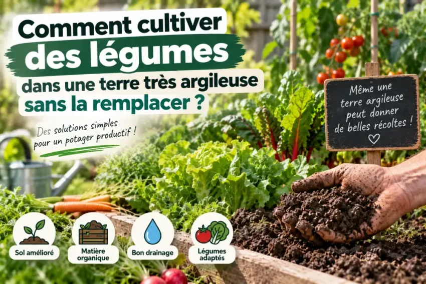 Comment cultiver des légumes dans une terre très argileuse sans la remplacer ? 1 texte superposé blanc et vert affichant une question sur la culture de légumes dans une terre argileuse, devant des légumes du potager