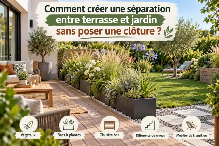 Comment créer une séparation entre terrasse et jardin sans poser une clôture ? 1 Terrasse en bois avec jardinières et canapé; bannière blanche au-dessus portant du texte